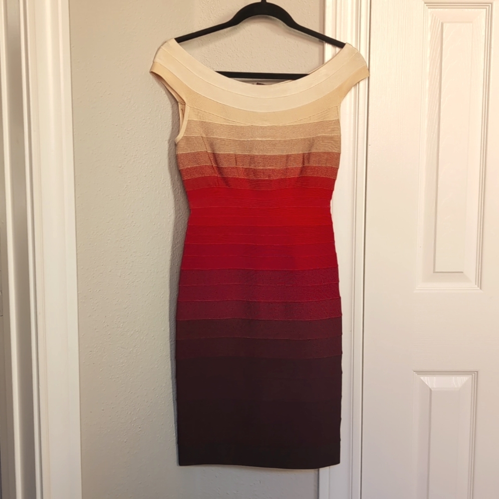 Herve Leger Bridget ombre bodycon dress medium red orange burgundy